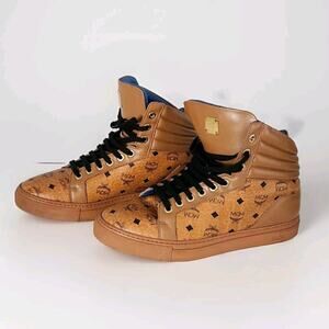 MCM High-Top Sneaker Visetos Cognac Men Size 38 Womens Size 8 Brown Leather EUC